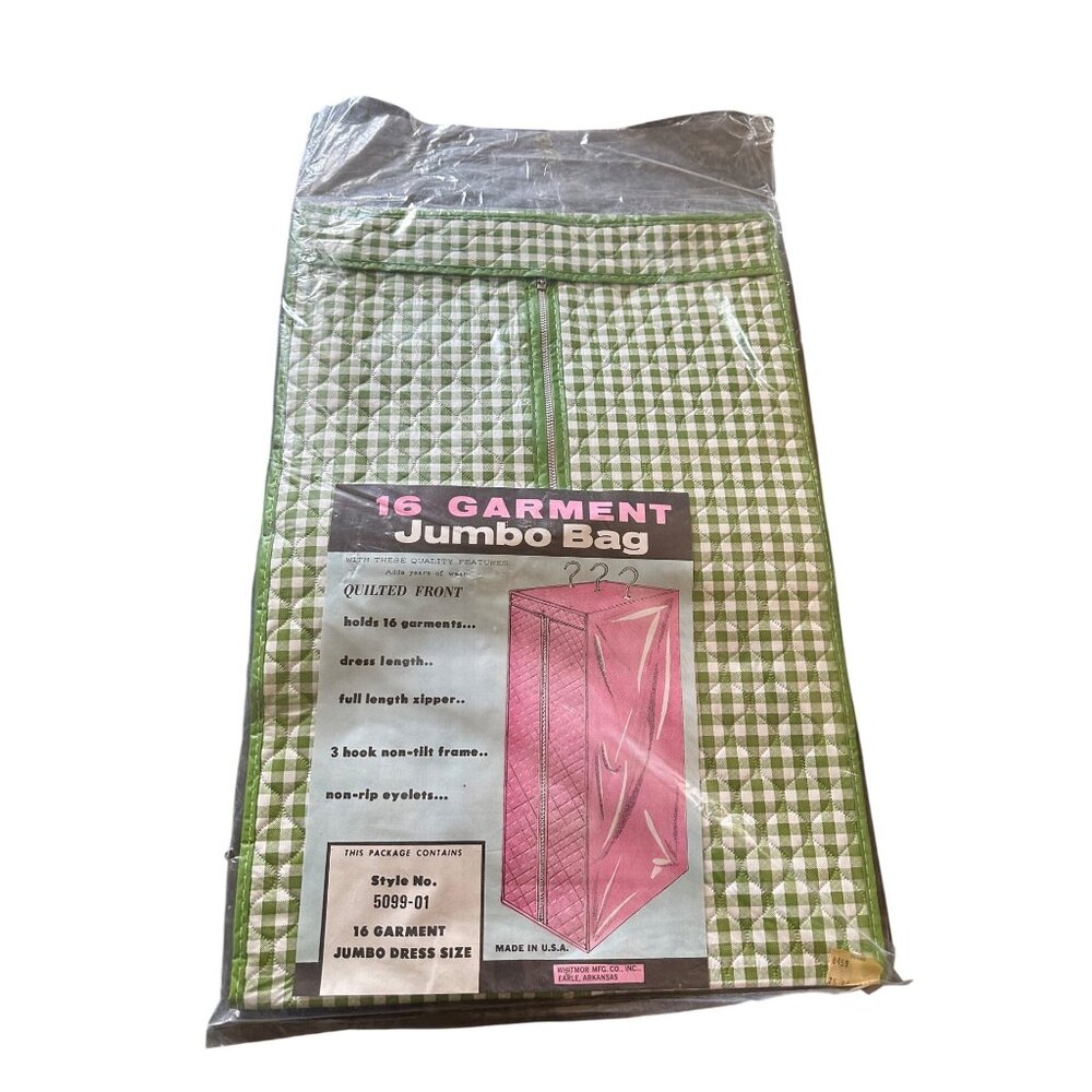 Vintage Sealed Closet Hanging Jumbo Garment Bag Gingham Print Quilted Front